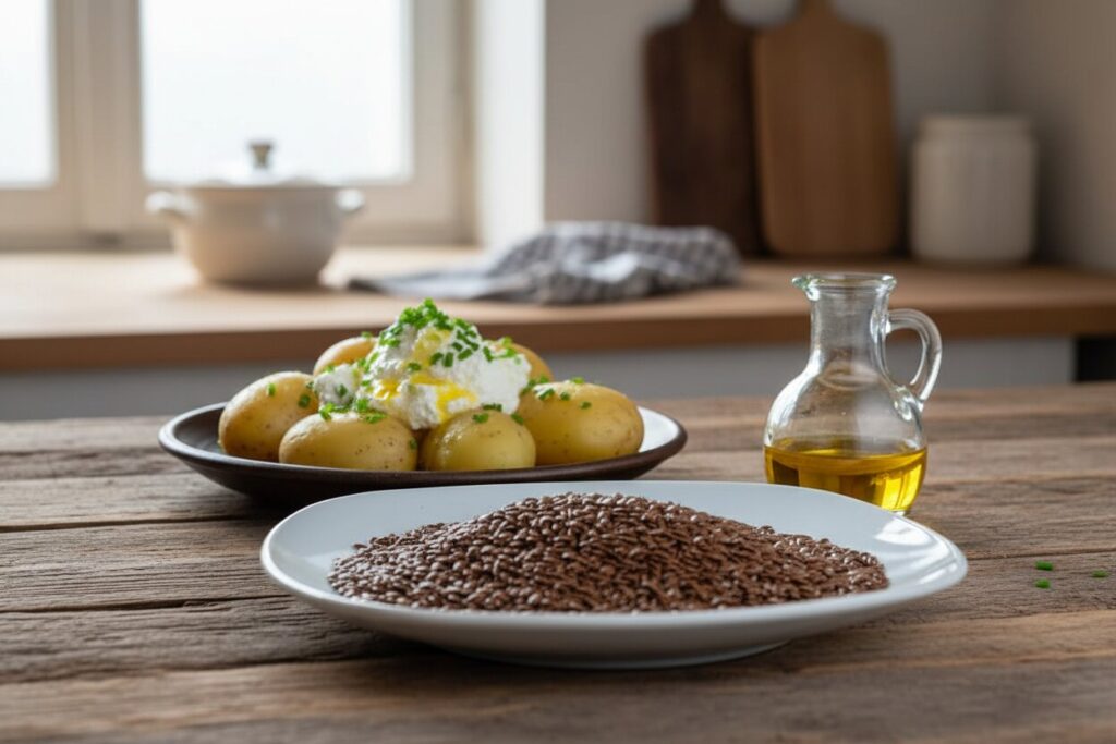 Erdäpfel mit Topfen und Leinöl, daneben eine Glaskaraffe mit Leinöl und ein Teller mit Leinsamen