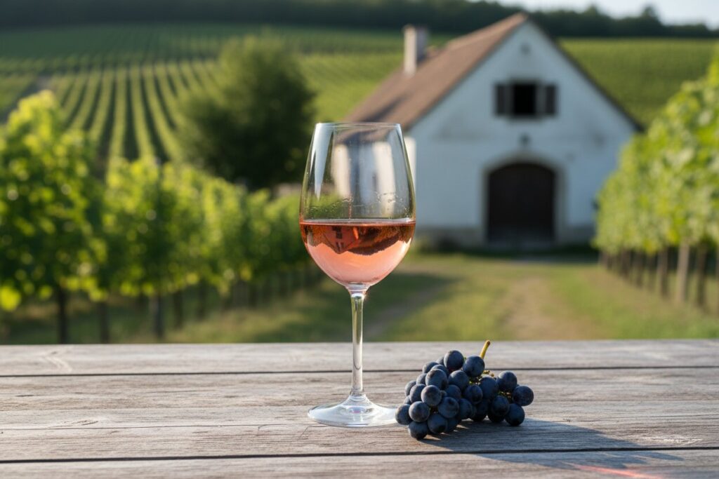 Glas Uhudler mit dunklen Trauben auf einem Holztisch vor Weingärten und einem Kellerstöckl im Südburgenland