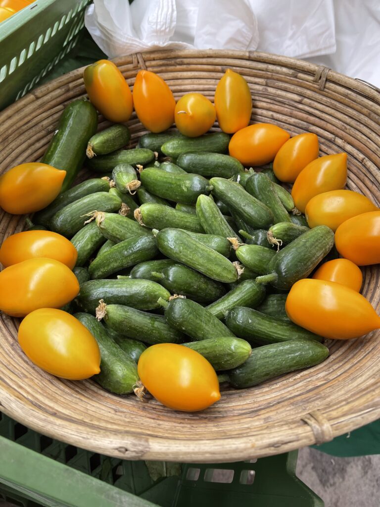Gurken und gelbe Tomaten im Korb