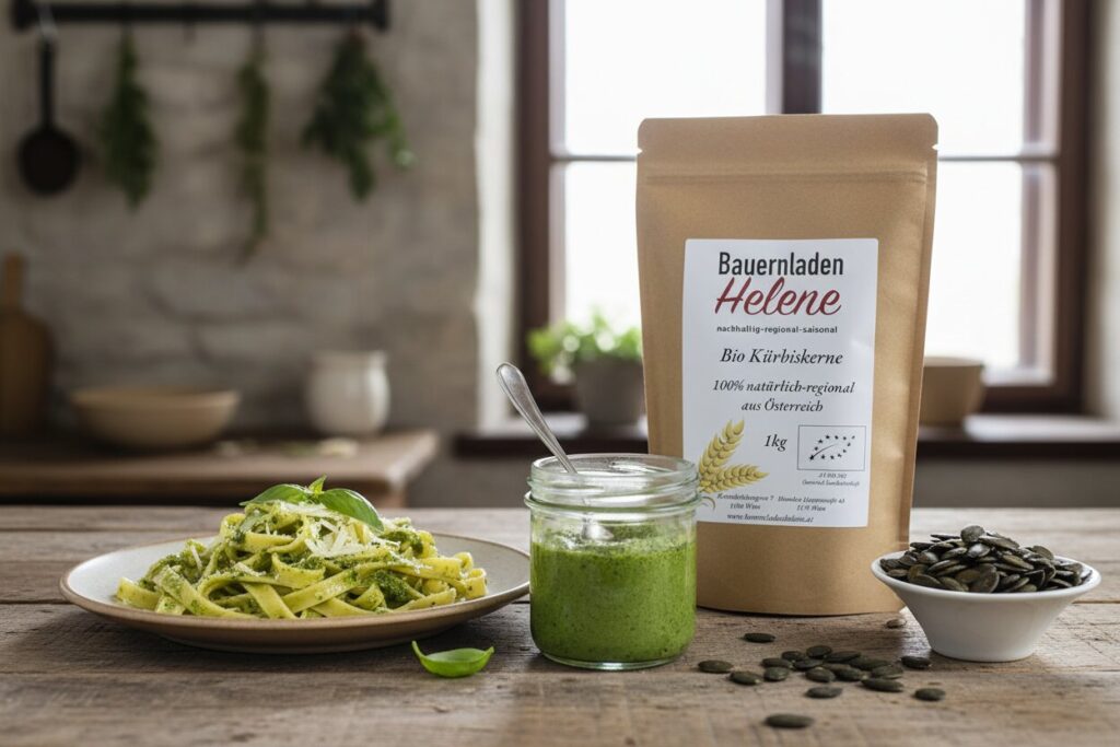 Glas mit selbst gemachtem Kürbiskern-Pesto, Pasta mit Pesto und geröstete Kürbiskerne, dahinter Bio Kürbiskerne von Bauernladen Helene