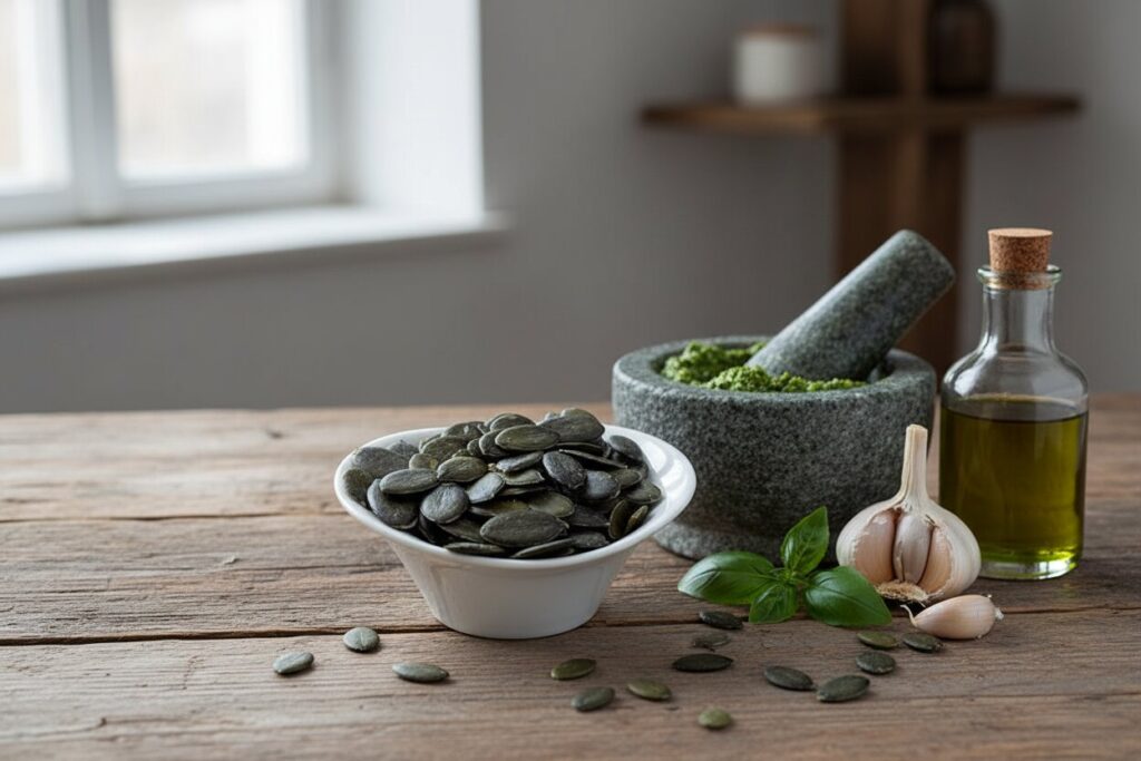 Schale mit Kürbiskernen, Mörser mit Kürbiskern-Pesto, Basilikum, Knoblauch und Öl auf einem Holztisch