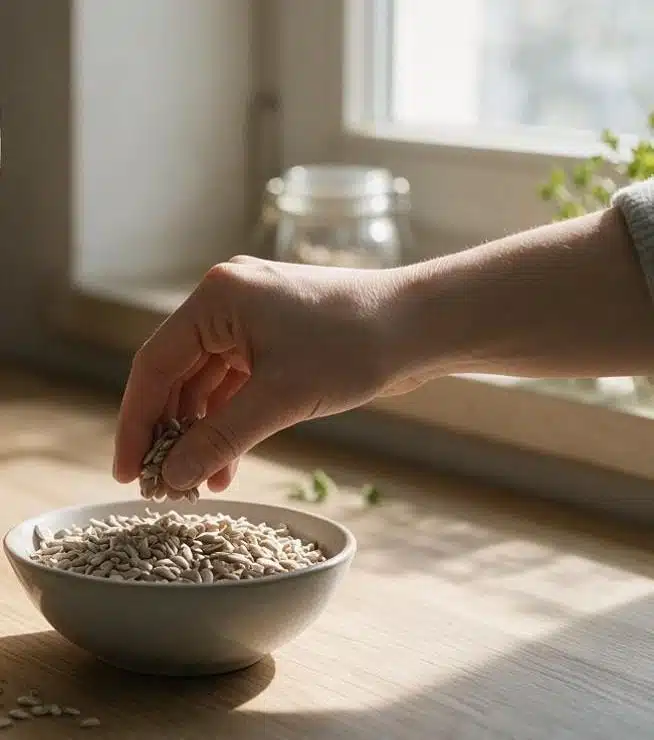 Sonnenblumenkerne werden von Hand in eine Schüssel gegeben