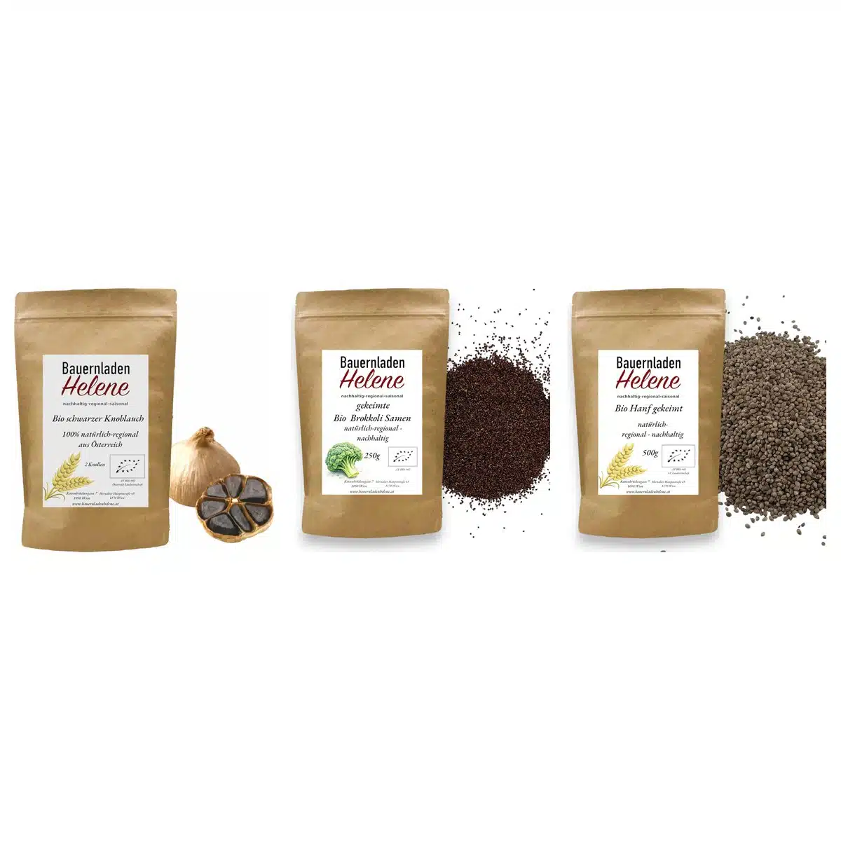 Entdecker-Set von Bauernladenhelene: Bio Schwarzer Knoblauch, Bio gekeimte Brokkoli-Samen 250 g, Bio gekeimter Hanf 500 g