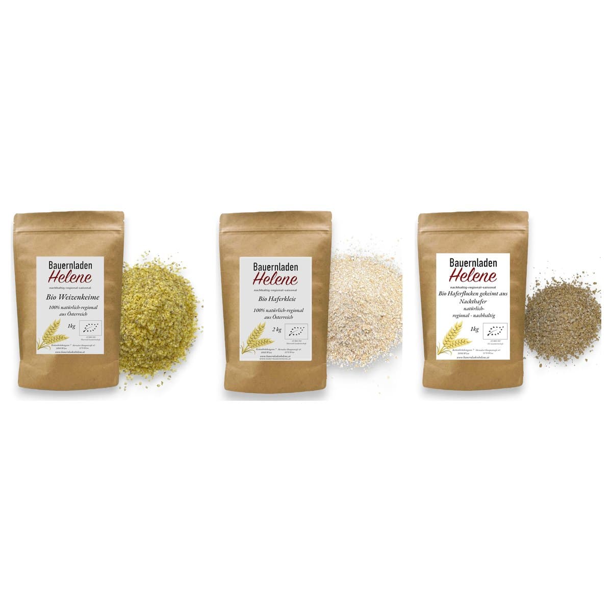 Frühstücks-Set von Bauernladenhelene: Bio Weizenkeime 1 kg, Bio Haferkleie 2 kg, Bio gekeimte Haferflocken 1 kg