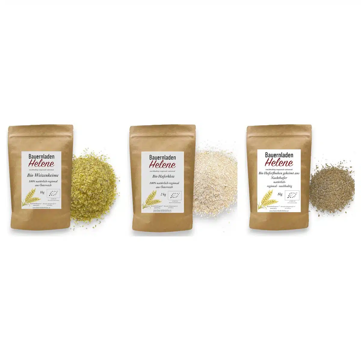 Frühstücks-Set von Bauernladenhelene: Bio Weizenkeime 1 kg, Bio Haferkleie 2 kg, Bio gekeimte Haferflocken 1 kg