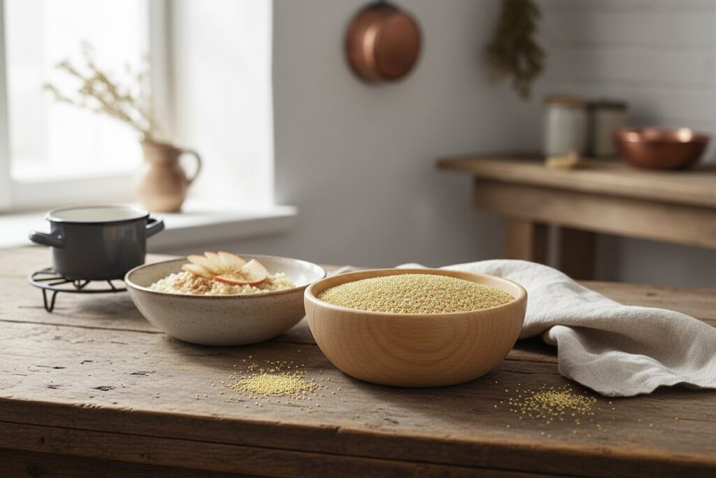 Holzschale mit rohem Amaranth neben einer Schale gekochtem Amaranth mit Apfelspalten auf einem Holztisch