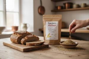 Frisch gebackenes Bauernbrot mit einer Schale Brotgewürz geschrotet und Bio Brotgewürz von Bauernladen Helene auf einem Holztisch