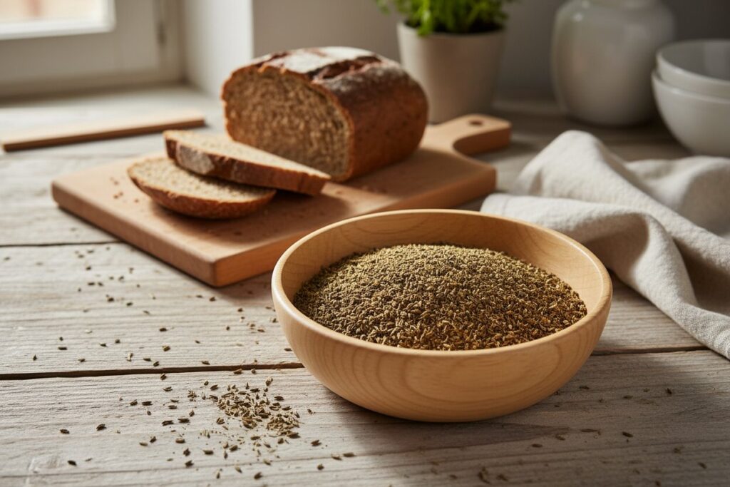 Holzschale mit geschrotetem Brotgewürz vor einem angeschnittenen Roggenbrot auf einem Holztisch